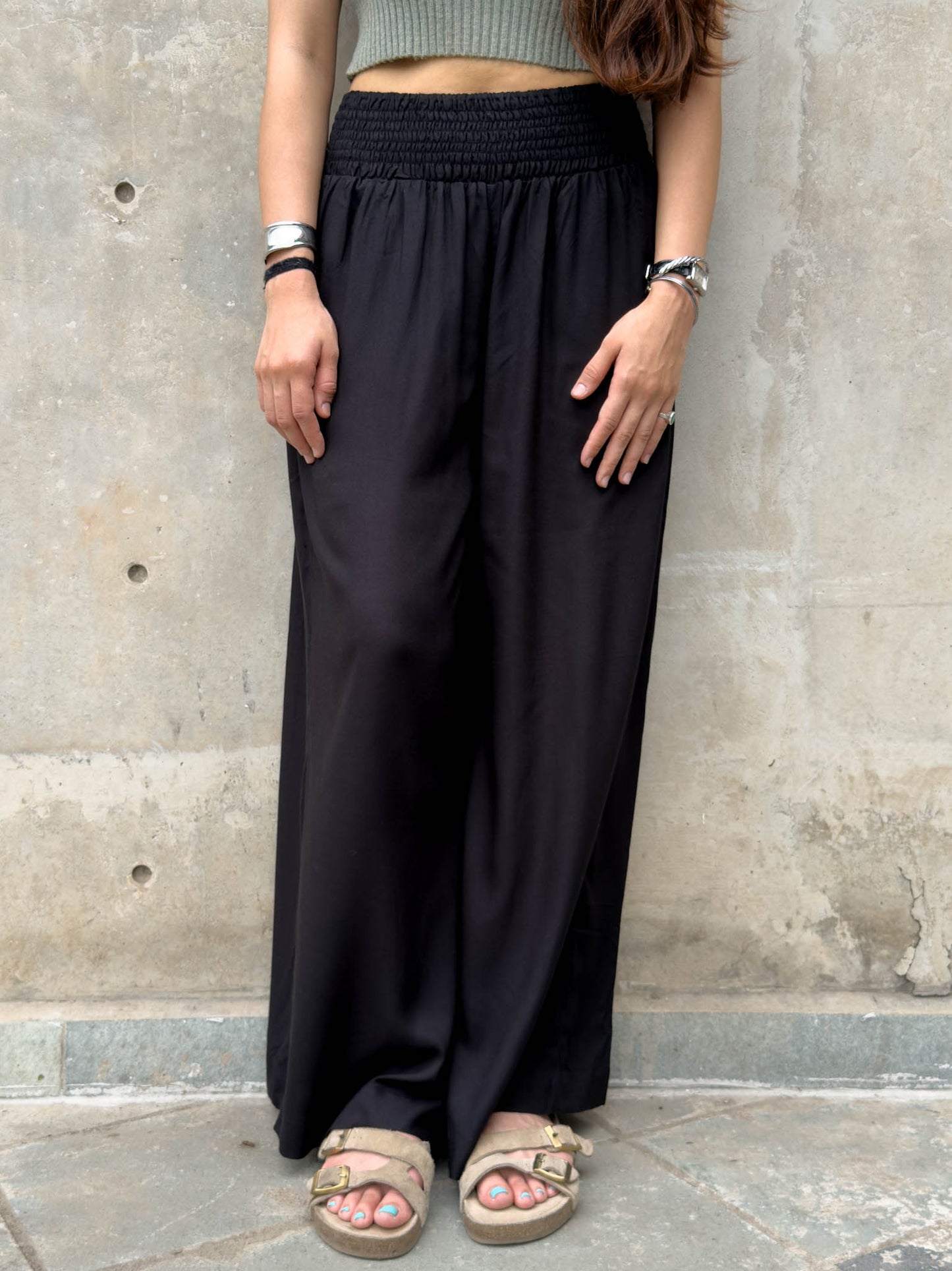 Black smocked waist pants