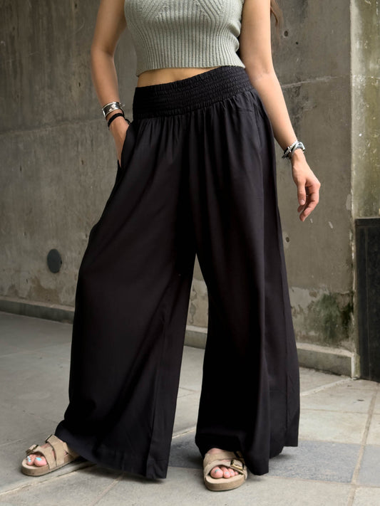 Black smocked waist pants