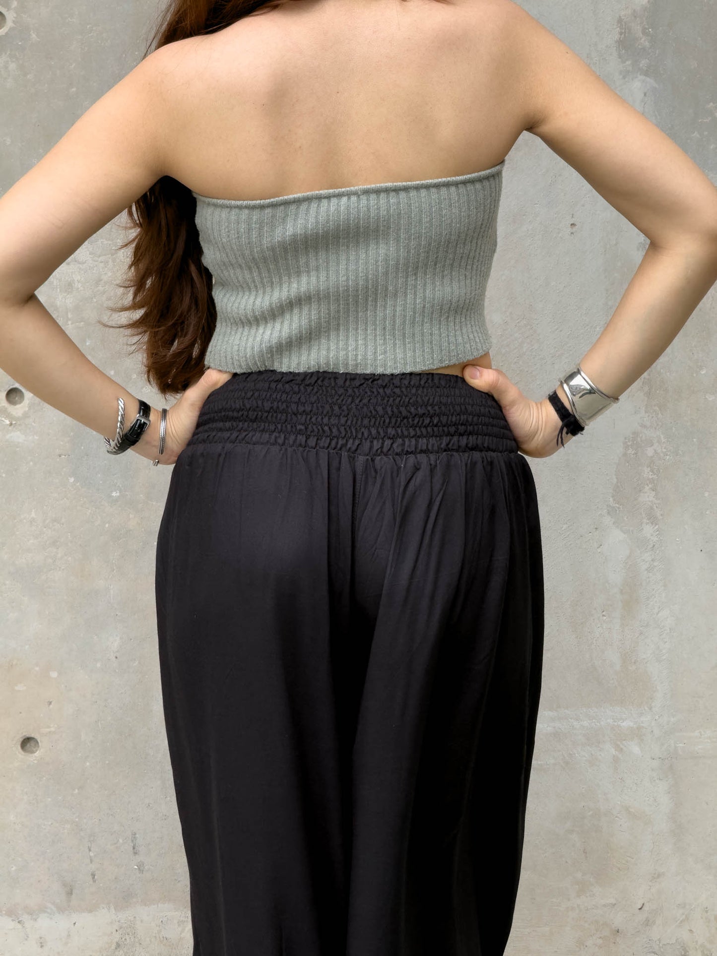 Black smocked waist pants