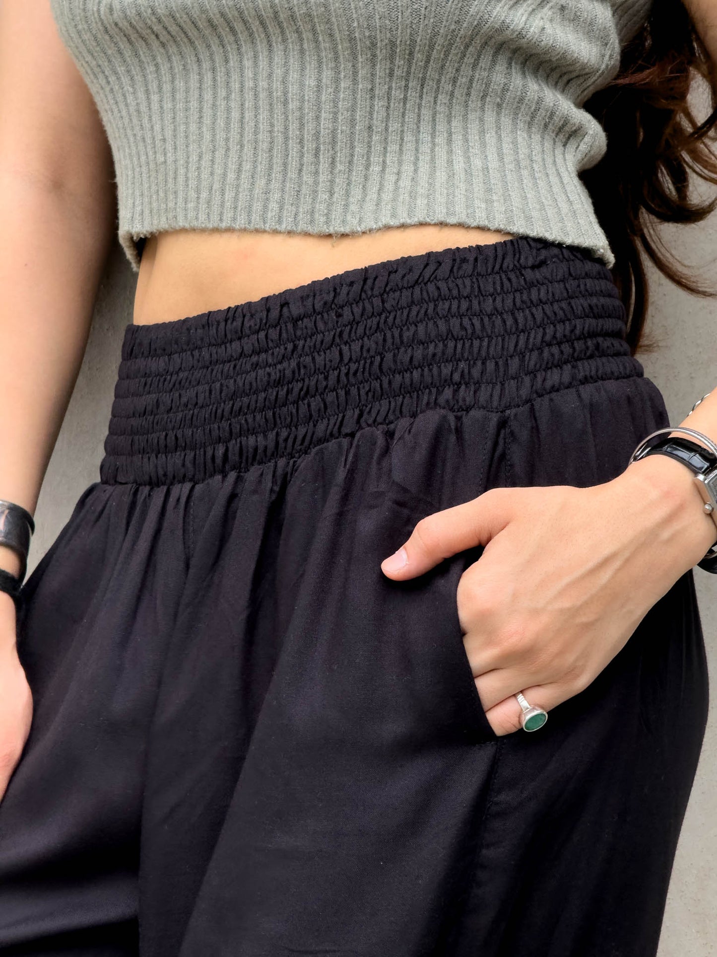 Black smocked waist pants